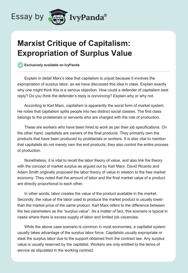 Marxist Critique of Capitalism: Expropriation of Surplus Value. Page 1
