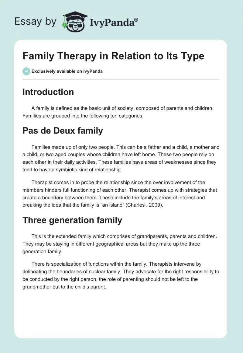 Family Therapy in Relation to Its Type. Page 1