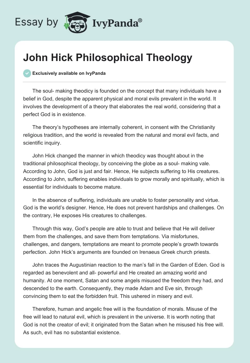John Hick Philosophical Theology. Page 1