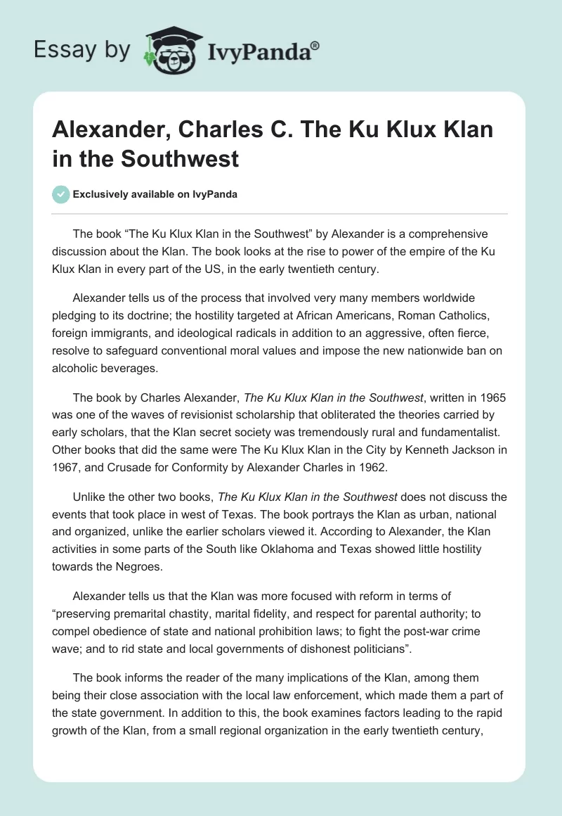 Alexander, Charles C. The Ku Klux Klan in the Southwest. Page 1