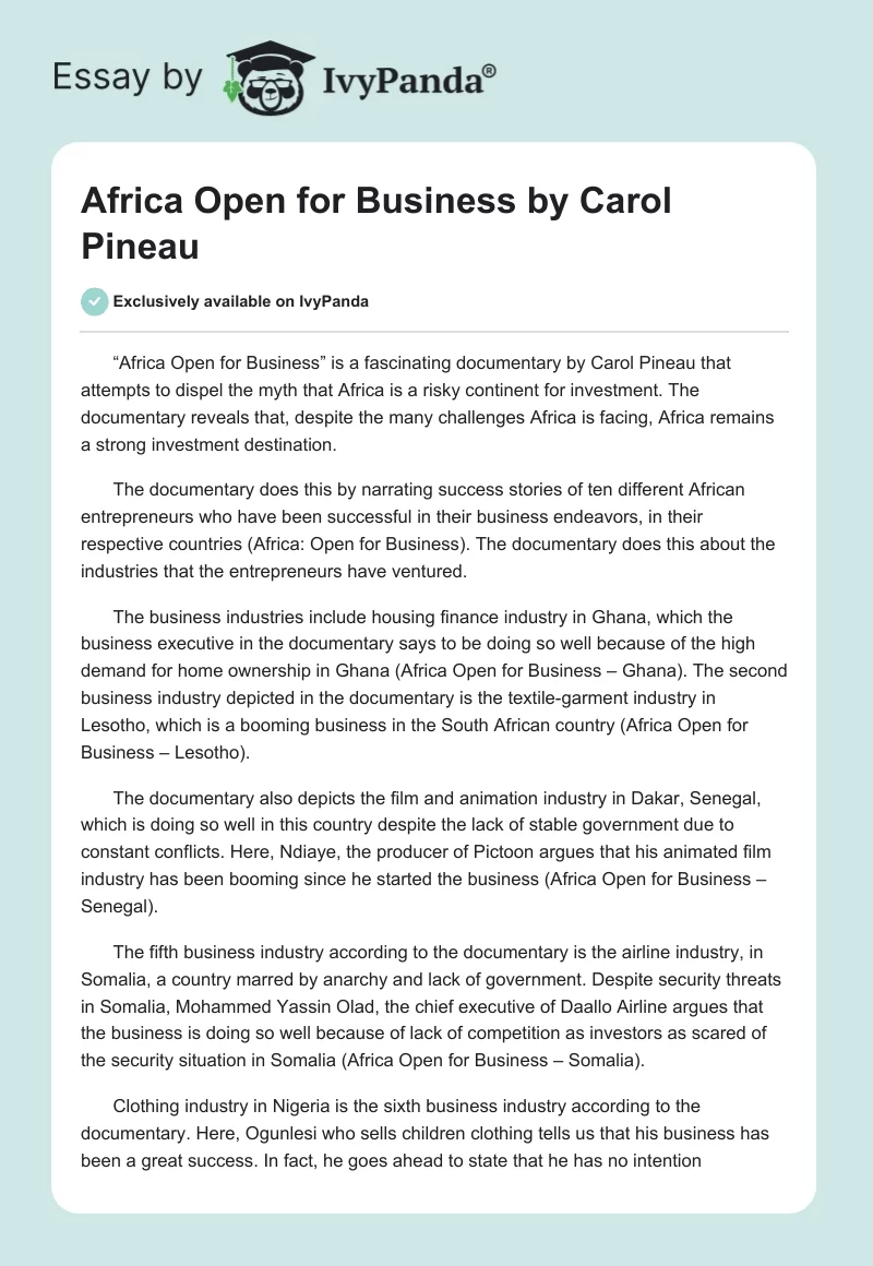 "Africa Open for Business" by Carol Pineau. Page 1