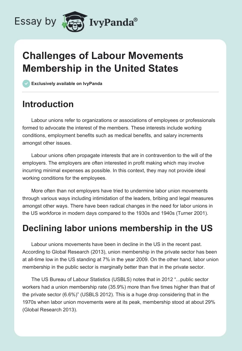 Challenges of Labour Movements Membership in the United States. Page 1