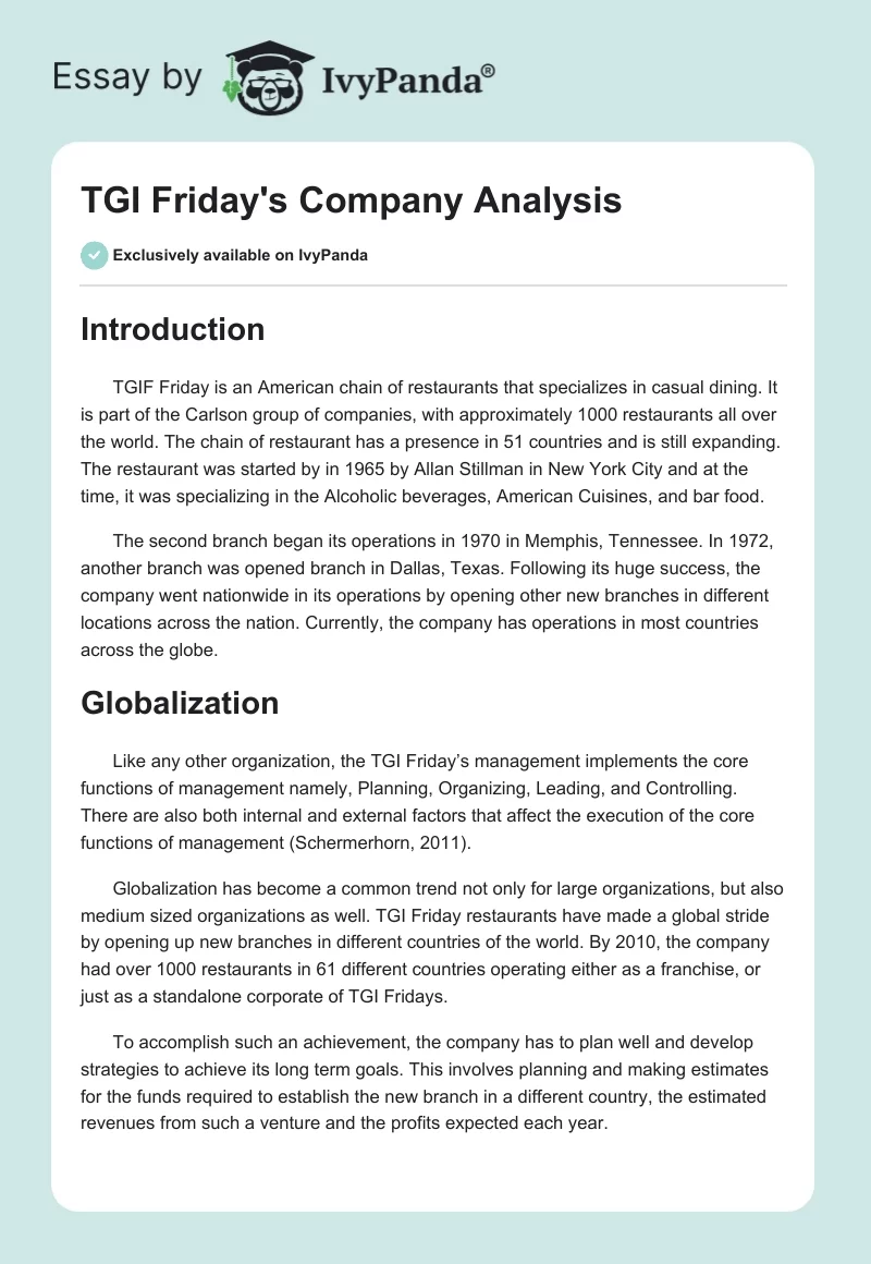 TGI Friday's Company Analysis. Page 1