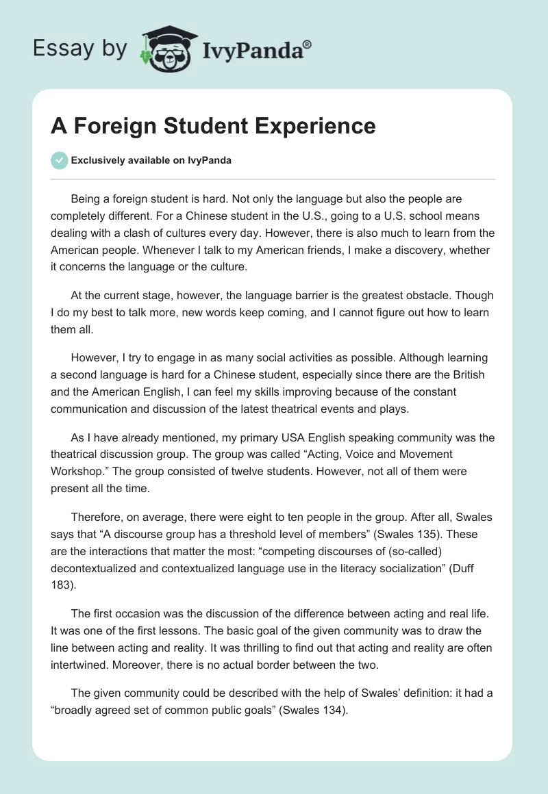 A Foreign Student Experience. Page 1