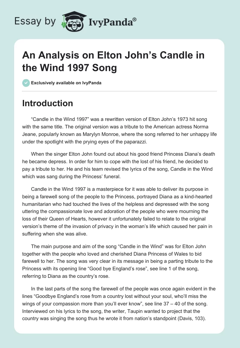 An Analysis on Elton John’s Candle in the Wind 1997 Song. Page 1