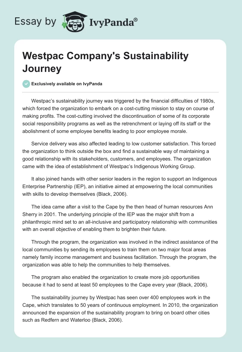 Westpac Company's Sustainability Journey. Page 1