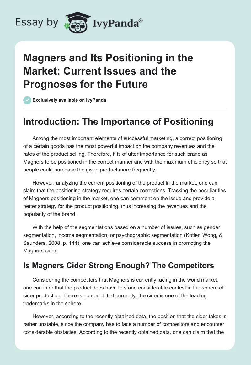 Magners and Its Positioning in the Market: Current Issues and the Prognoses for the Future. Page 1