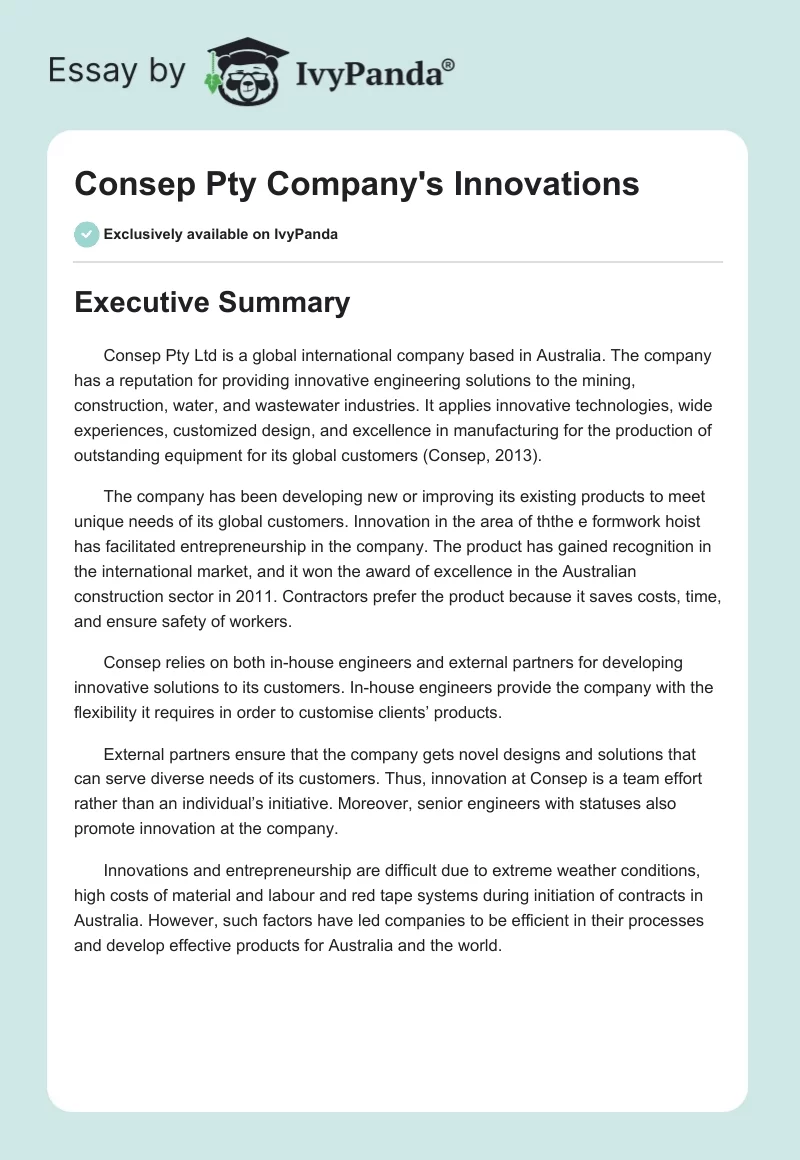 Consep Pty Company's Innovations. Page 1