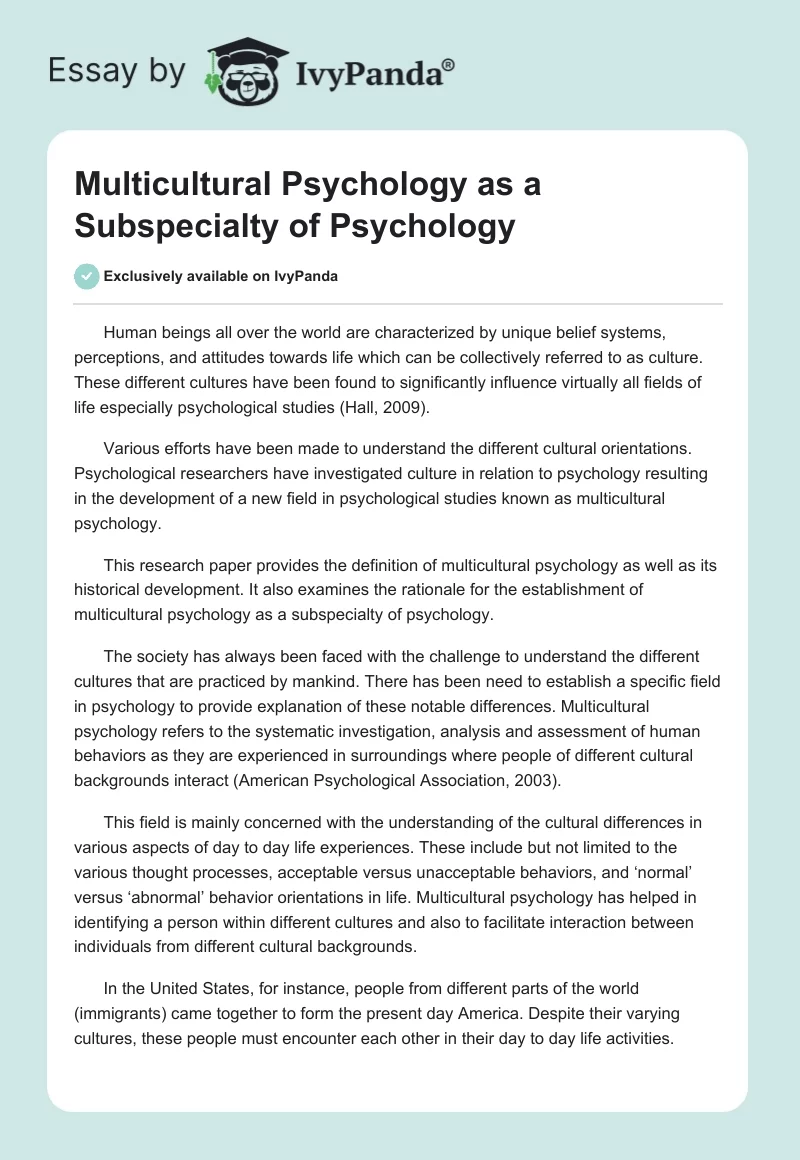 Multicultural Psychology as a Subspecialty of Psychology. Page 1