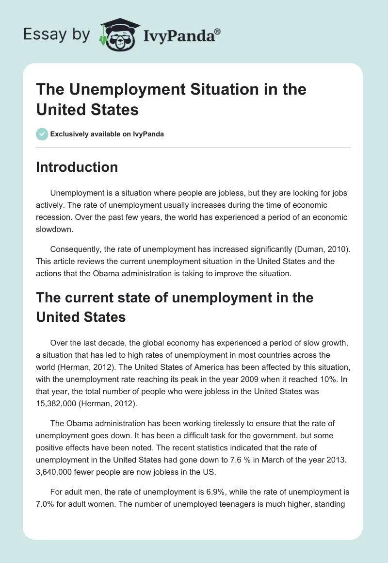 The Unemployment Situation in the United States. Page 1