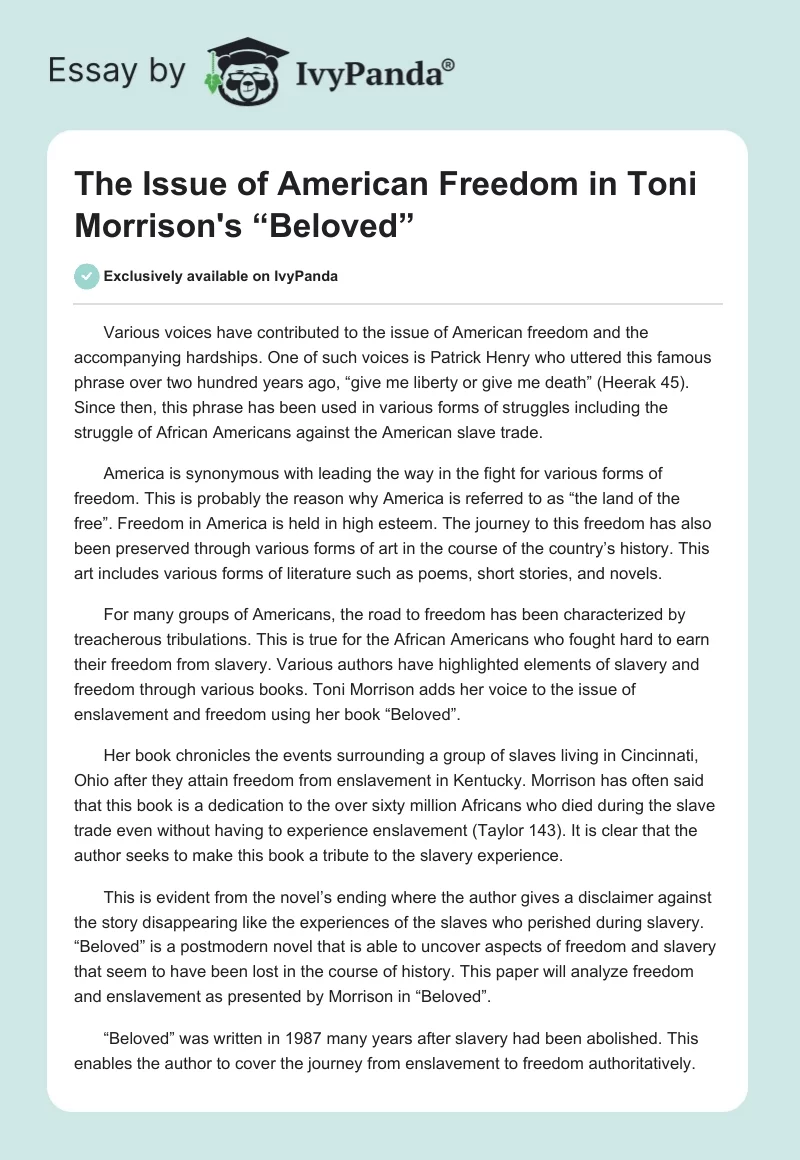 The Issue of American Freedom in Toni Morrison's “Beloved”. Page 1