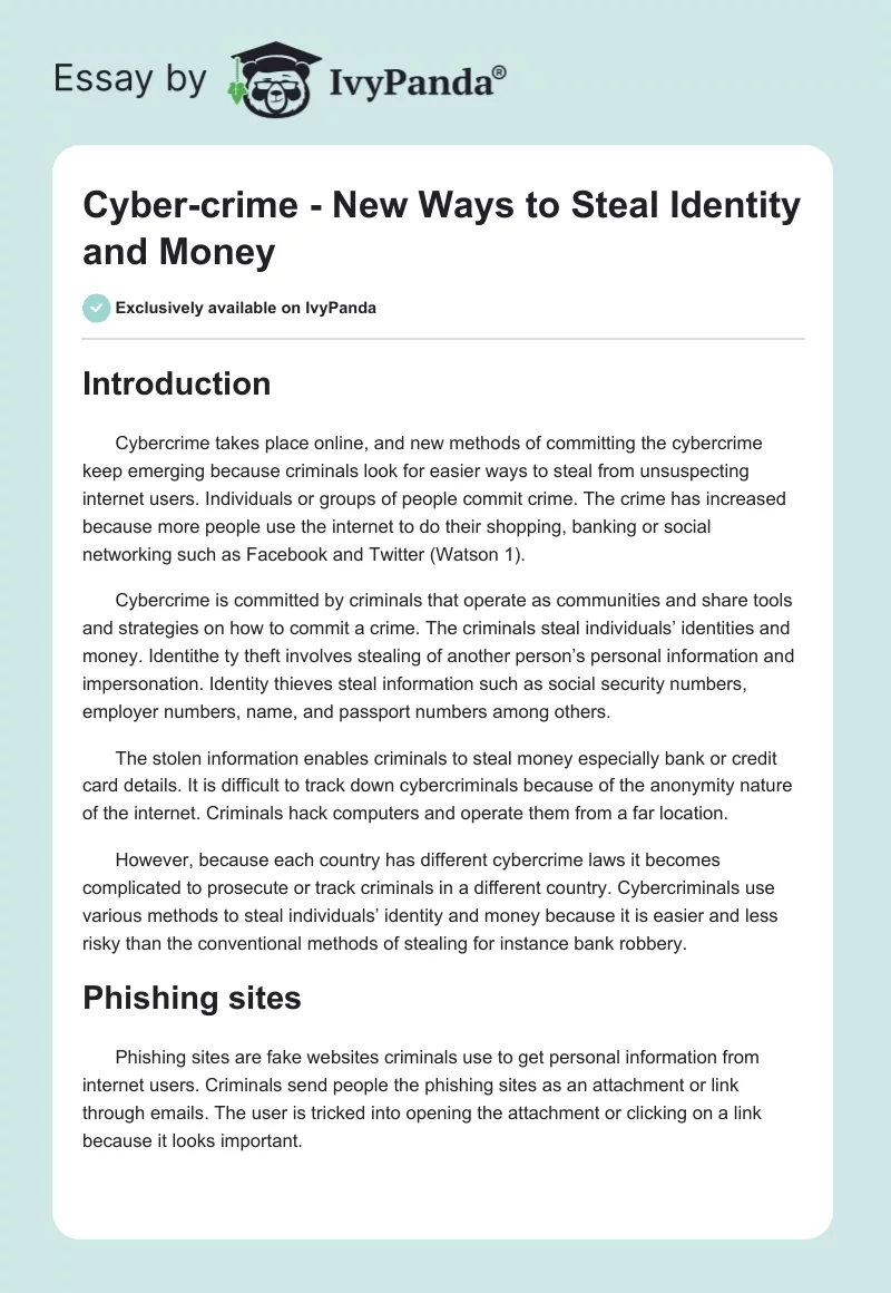Cyber-Crime - New Ways to Steal Identity and Money. Page 1