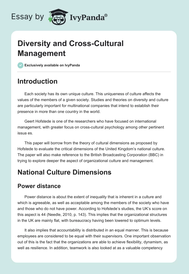 Diversity and Cross-Cultural Management. Page 1