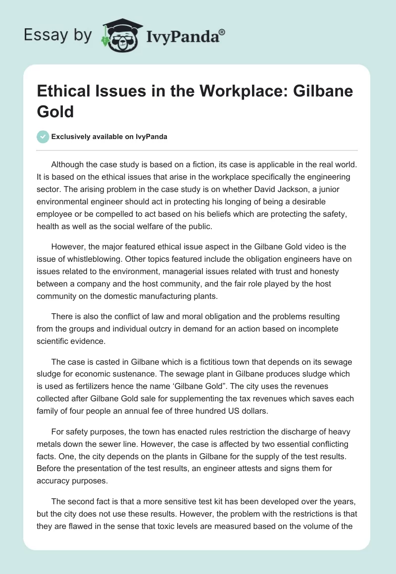 Ethical Issues in the Workplace: Gilbane Gold. Page 1