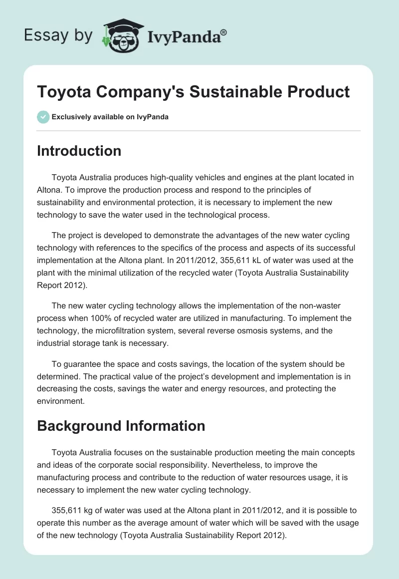 Toyota Company's Sustainable Product. Page 1