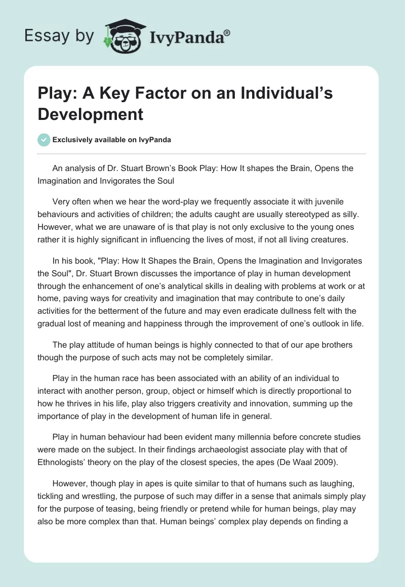Play: A Key Factor on an Individual’s Development. Page 1