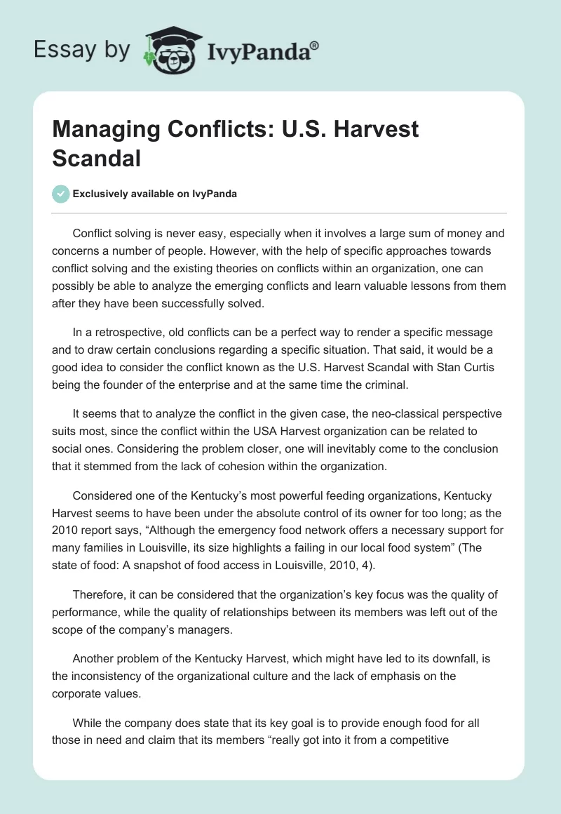 Managing Conflicts: U.S. Harvest Scandal. Page 1