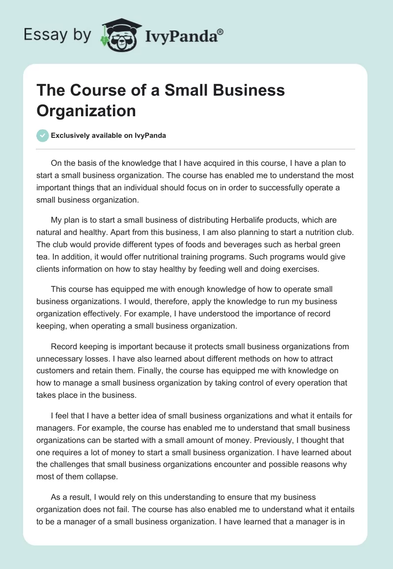 The Course of a Small Business Organization. Page 1