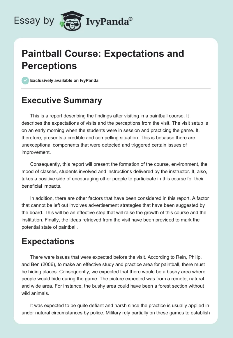 Paintball Course: Expectations and Perceptions. Page 1