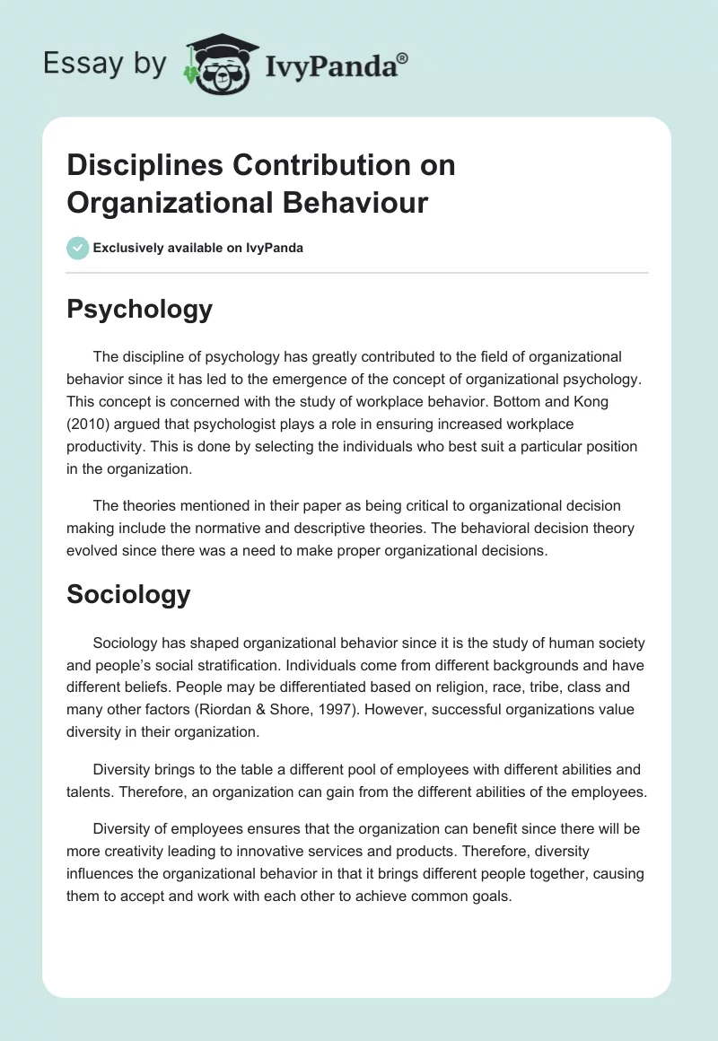 Disciplines Contribution on Organizational Behaviour. Page 1