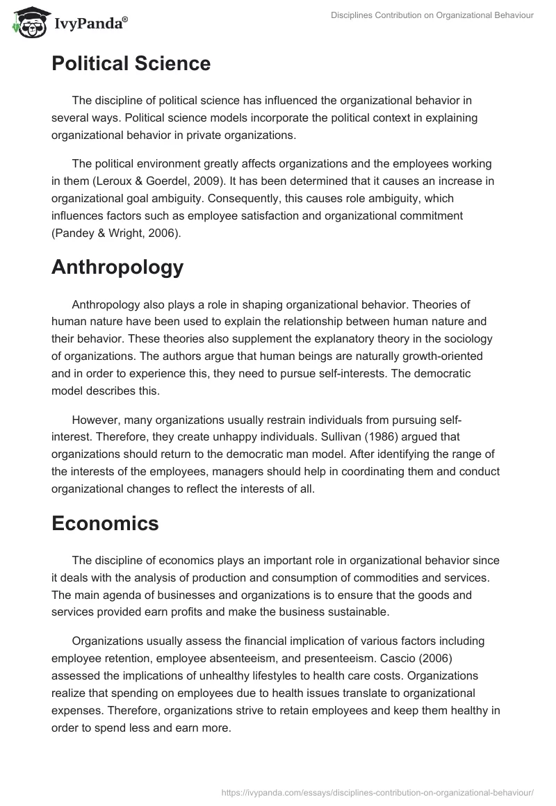 Disciplines Contribution on Organizational Behaviour. Page 2