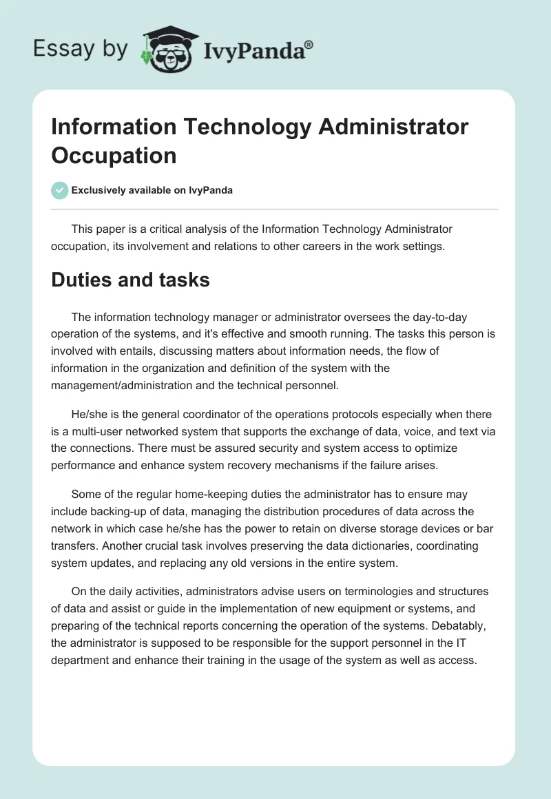 Information Technology Administrator Occupation. Page 1
