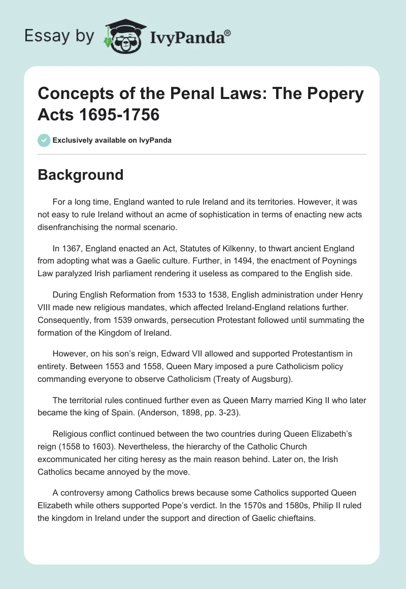 Concepts of the Penal Laws: The Popery Acts 1695-1756. Page 1