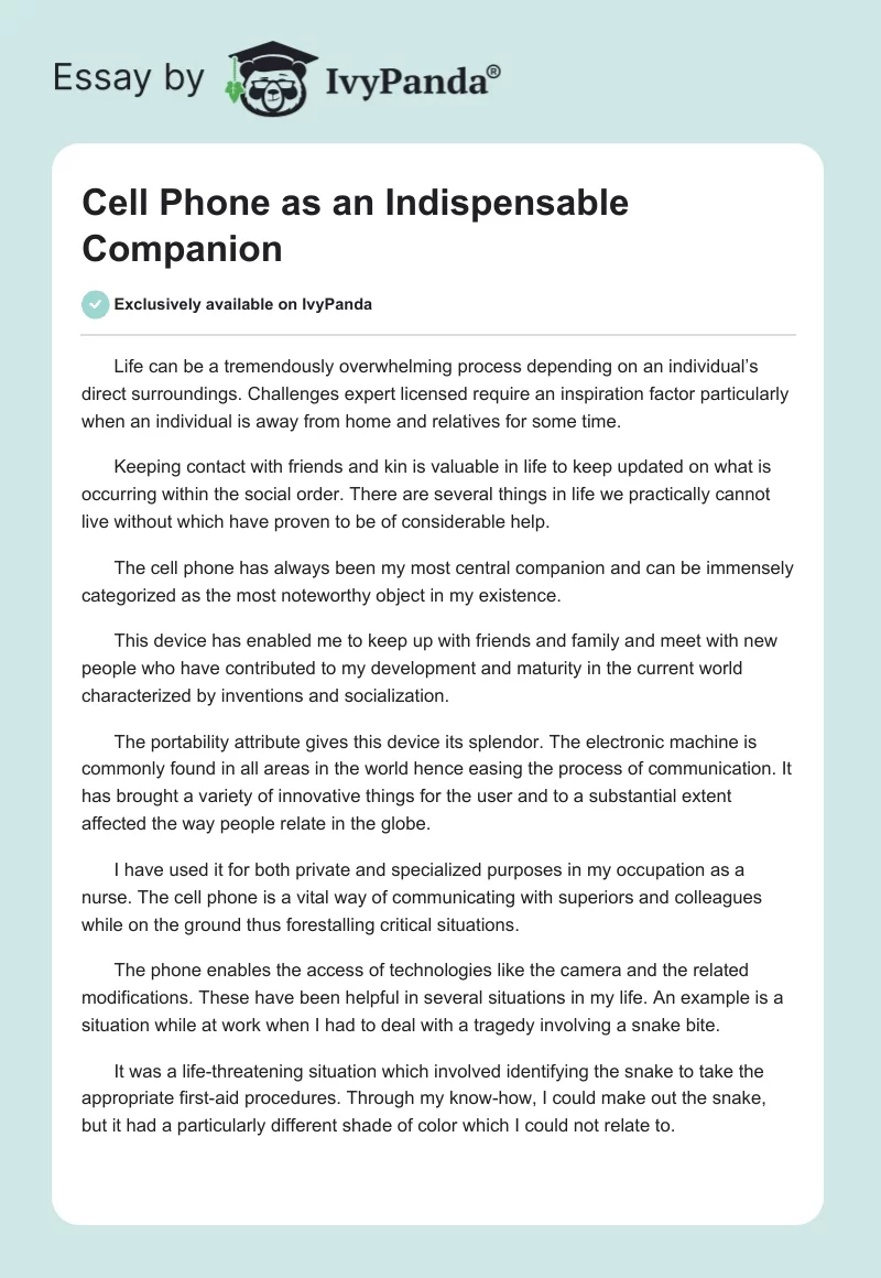Cell Phone as an Indispensable Companion. Page 1