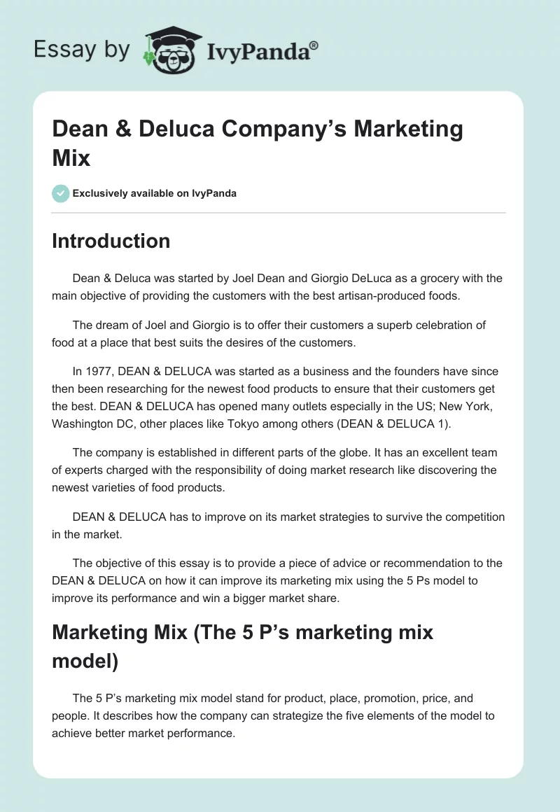 Dean & Deluca Company’s Marketing Mix. Page 1
