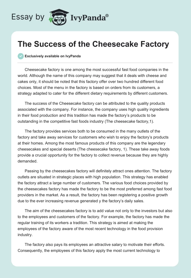 The Success of the Cheesecake Factory. Page 1