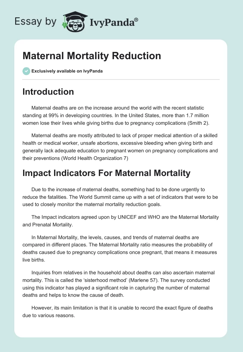 Maternal Mortality Reduction. Page 1