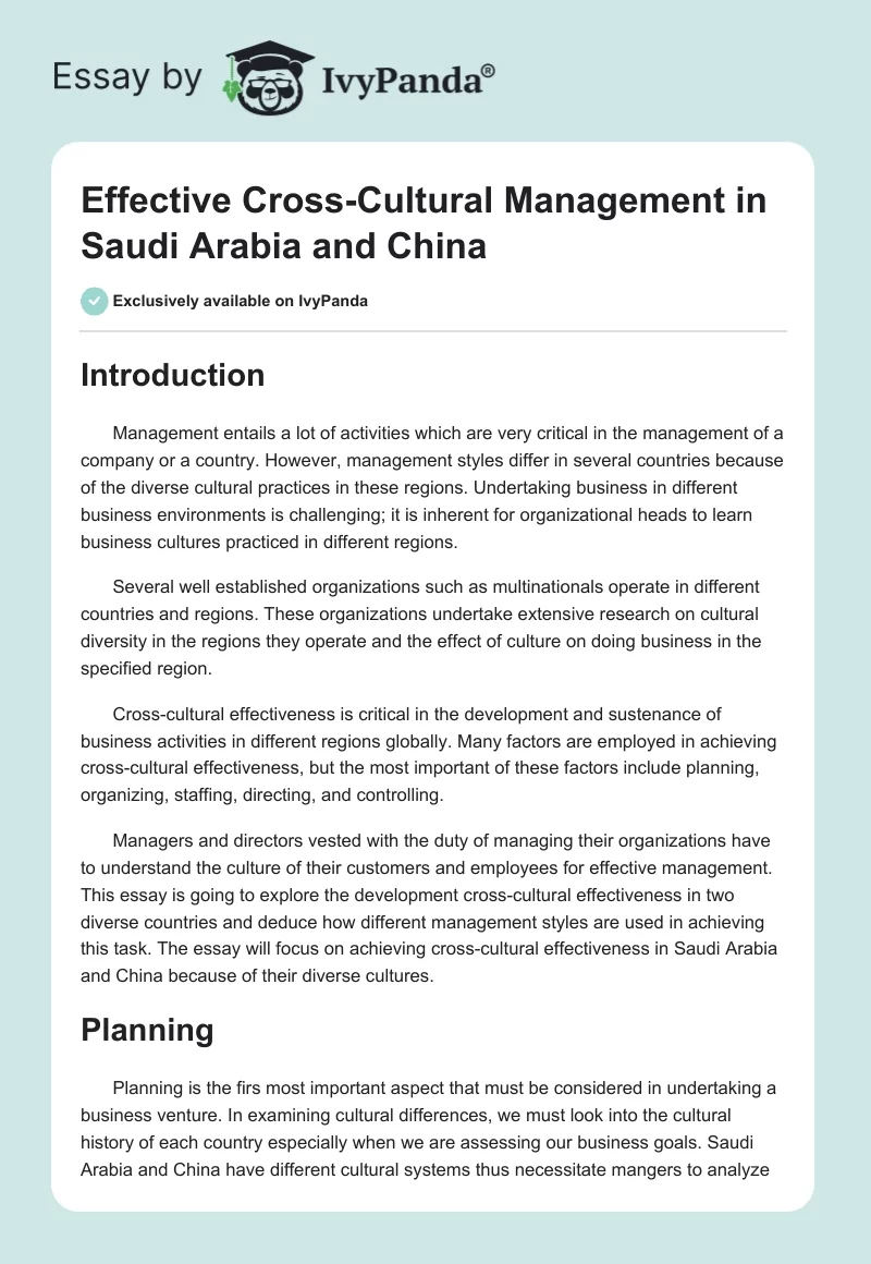 Effective Cross-Cultural Management in Saudi Arabia and China. Page 1