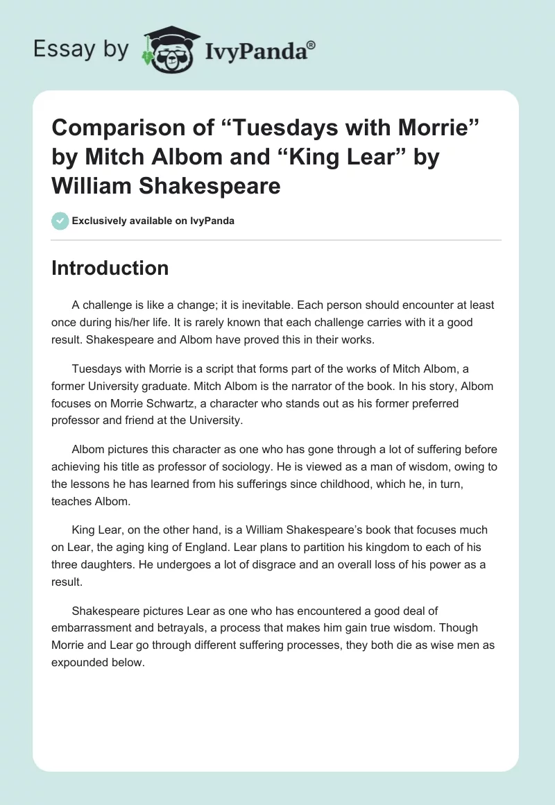 Comparison of “Tuesdays With Morrie” by Mitch Albom and “King Lear” by William Shakespeare. Page 1
