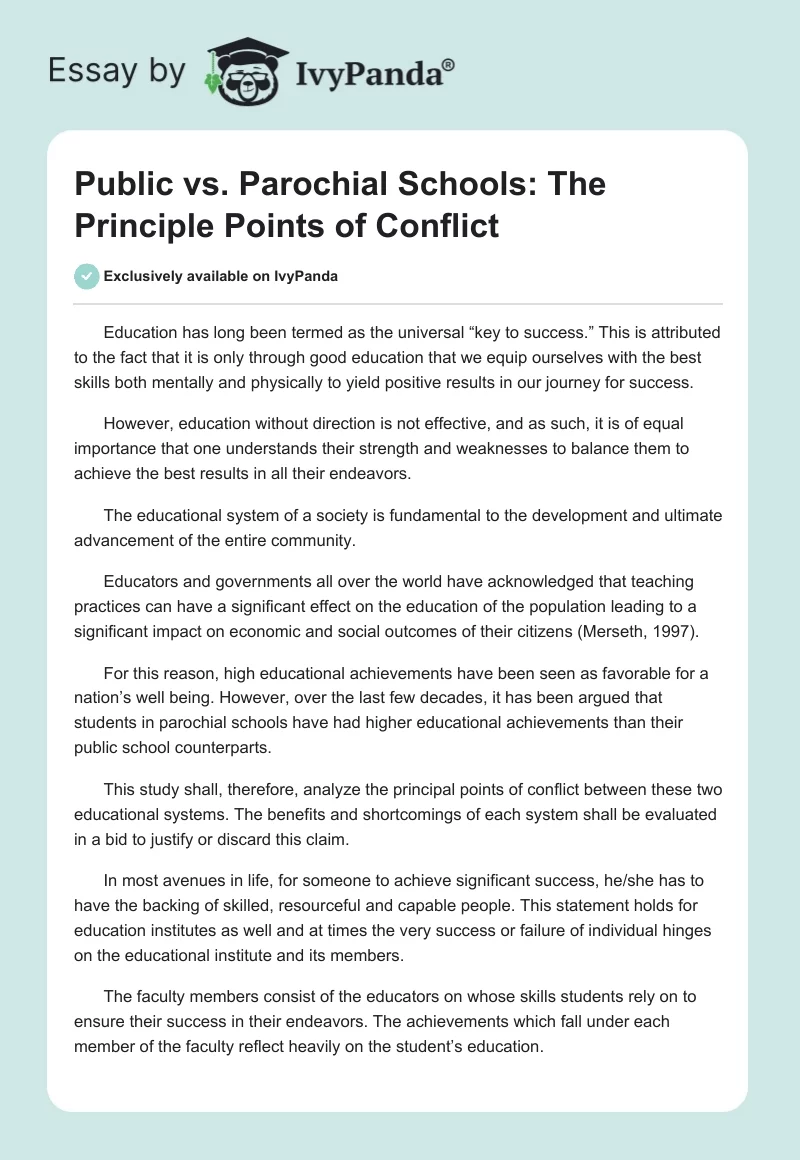 Public vs. Parochial Schools: The Principle Points of Conflict. Page 1