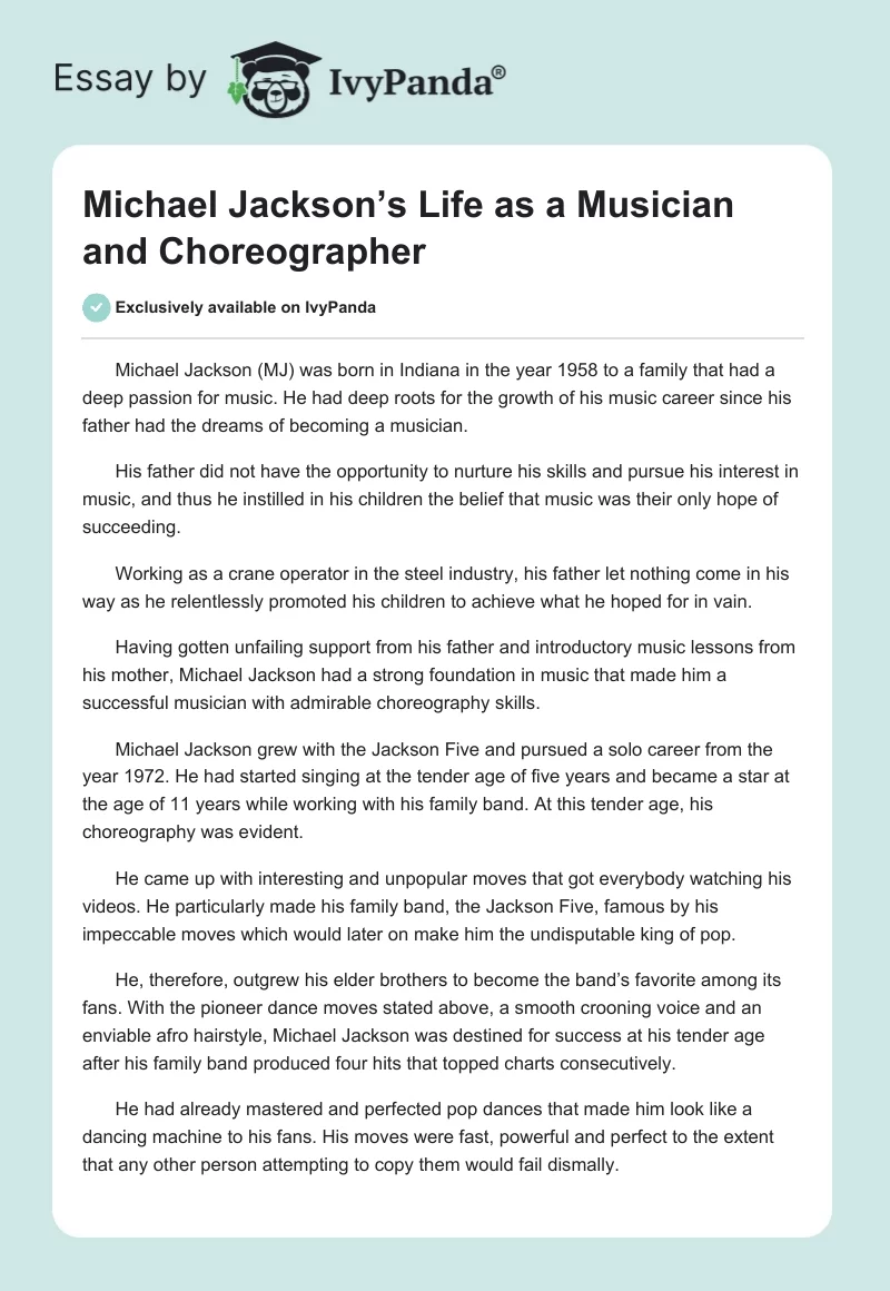 Michael Jackson’s Life as a Musician and Choreographer. Page 1