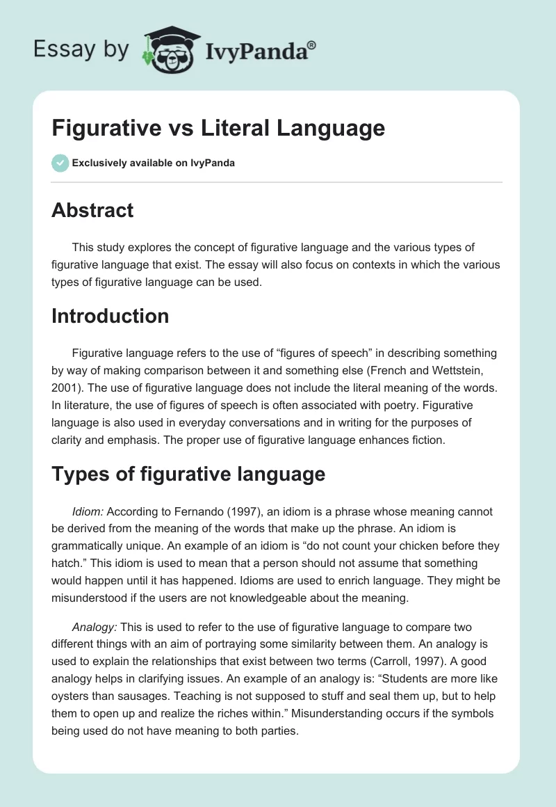 Figurative vs Literal Language. Page 1
