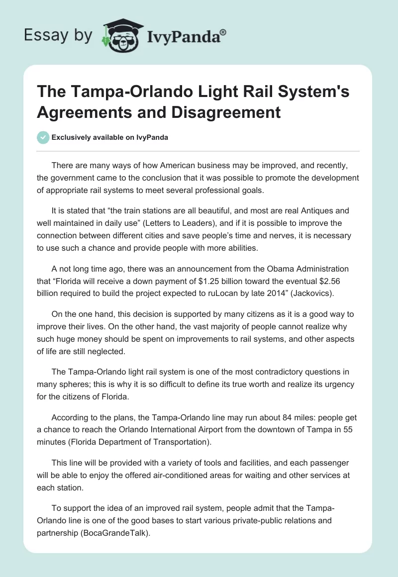 The Tampa-Orlando Light Rail System's Agreements and Disagreement. Page 1
