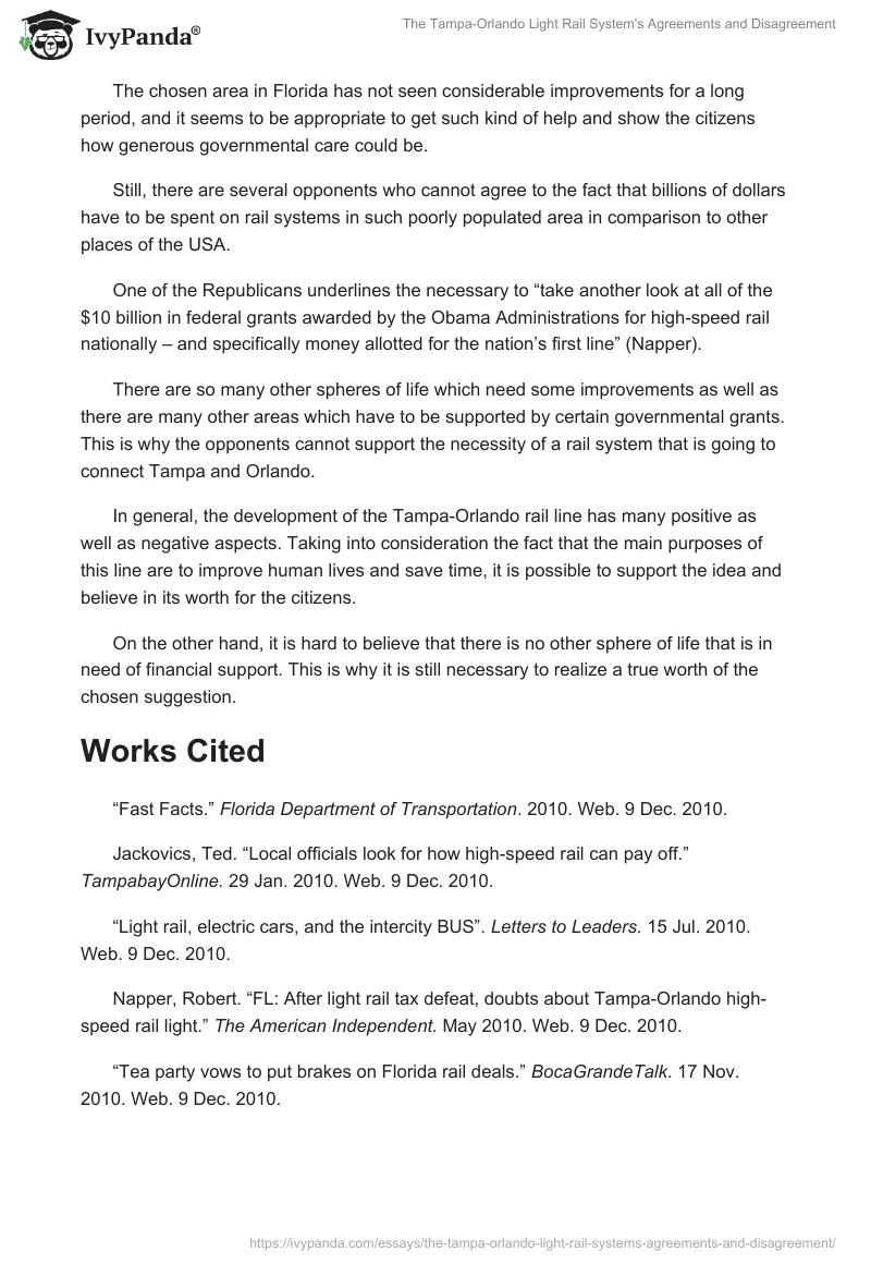 The Tampa-Orlando Light Rail System's Agreements and Disagreement. Page 2