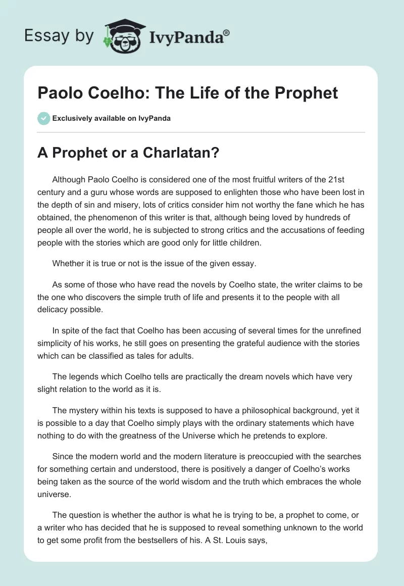 Paolo Coelho: The Life of the Prophet. Page 1