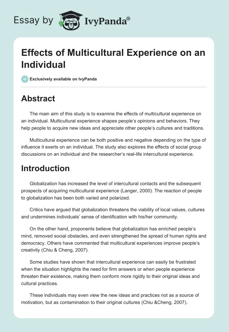 Effects of Multicultural Experience on an Individual. Page 1