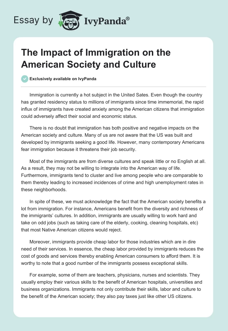 The Impact of Immigration on the American Society and Culture. Page 1