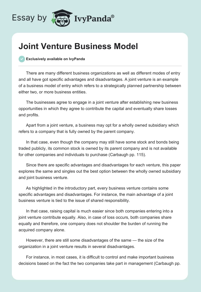 Joint Venture Business Model. Page 1