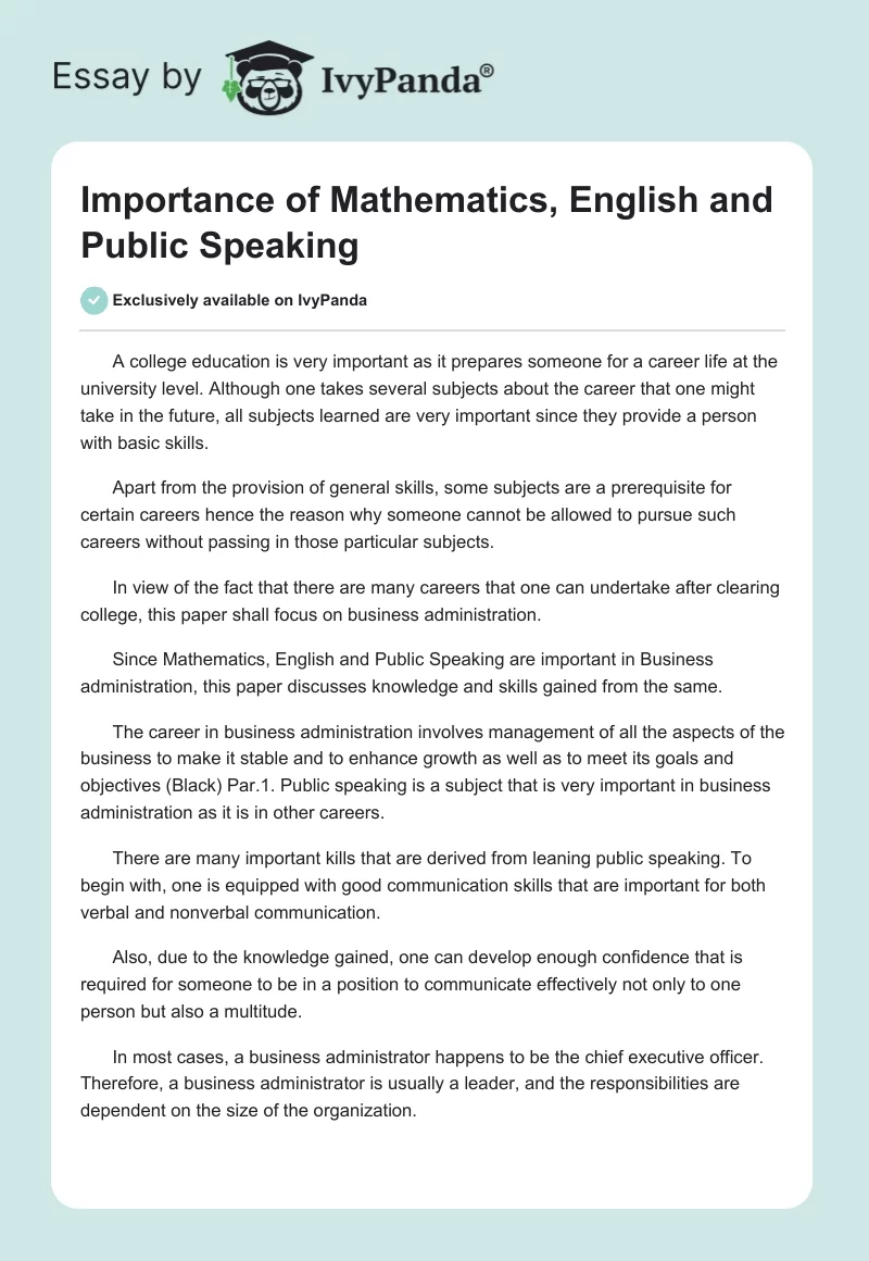 Importance of Mathematics, English and Public Speaking. Page 1