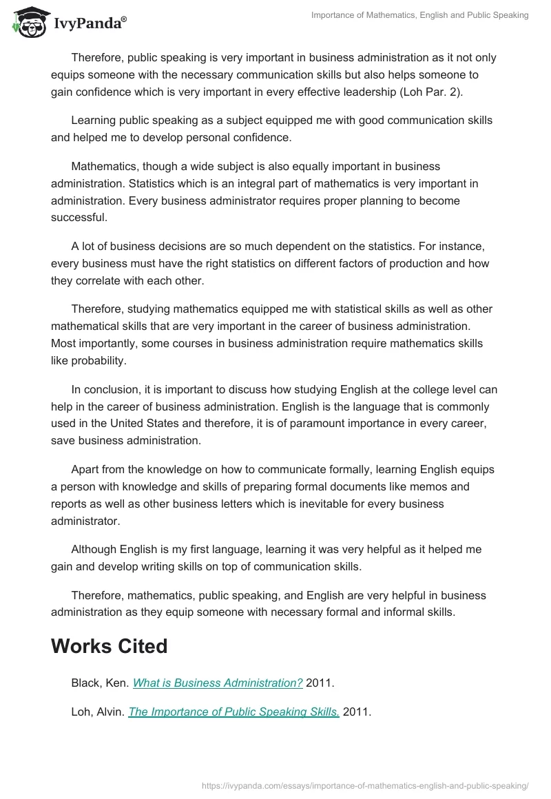 Importance of Mathematics, English and Public Speaking. Page 2