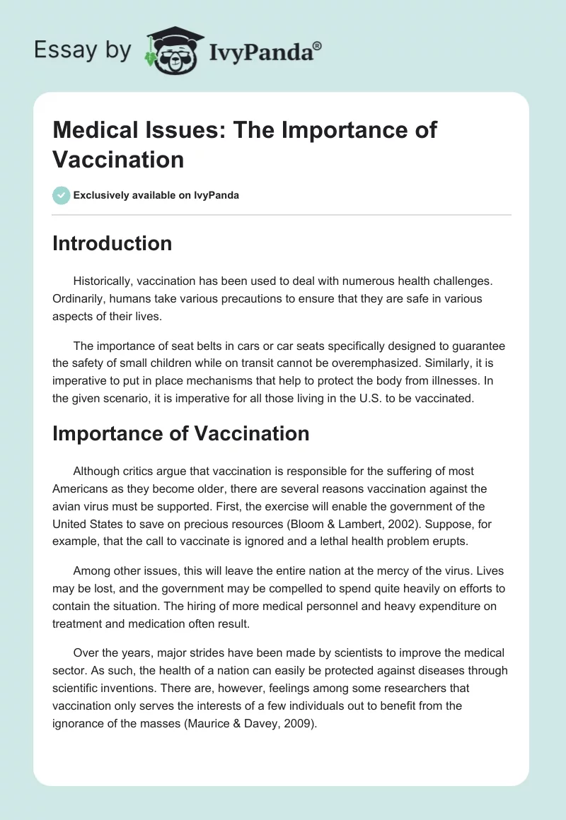 Medical Issues: The Importance of Vaccination. Page 1