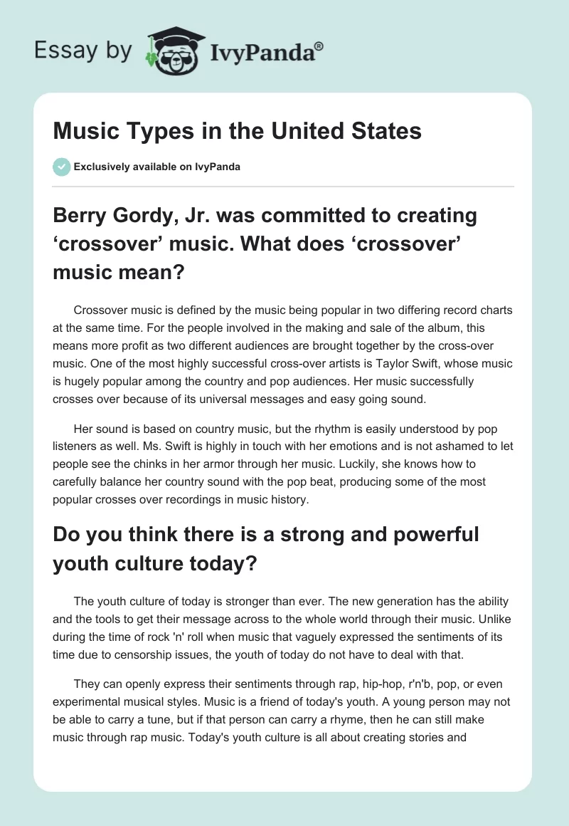 Music Types in the United States - 889 Words | Critical Writing Example