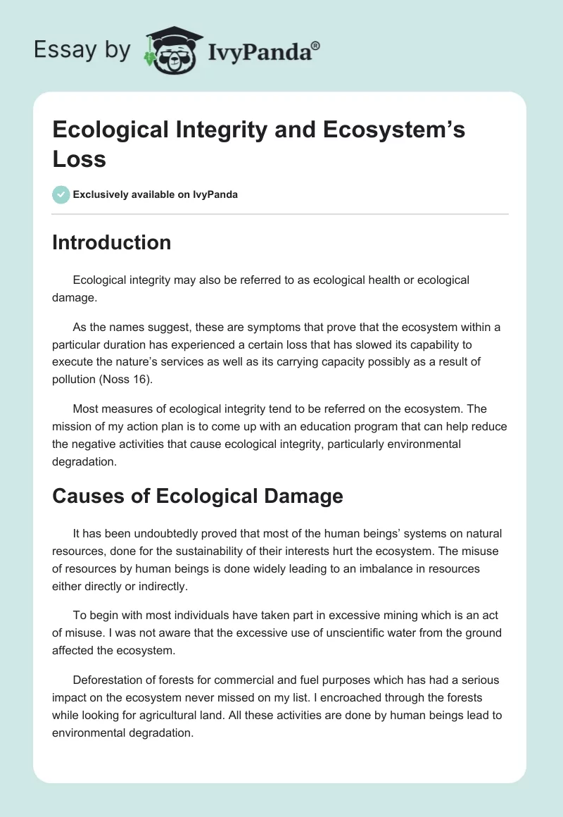 Ecological Integrity and Ecosystem’s Loss. Page 1