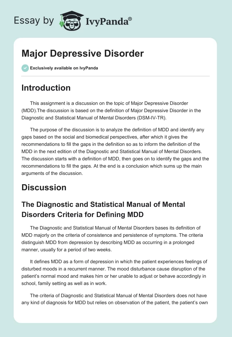 Major Depressive Disorder. Page 1