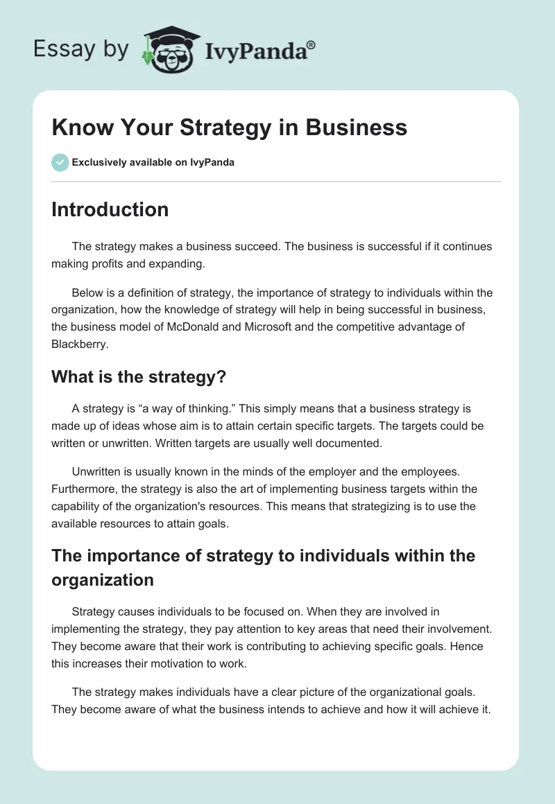 Know Your Strategy in Business. Page 1