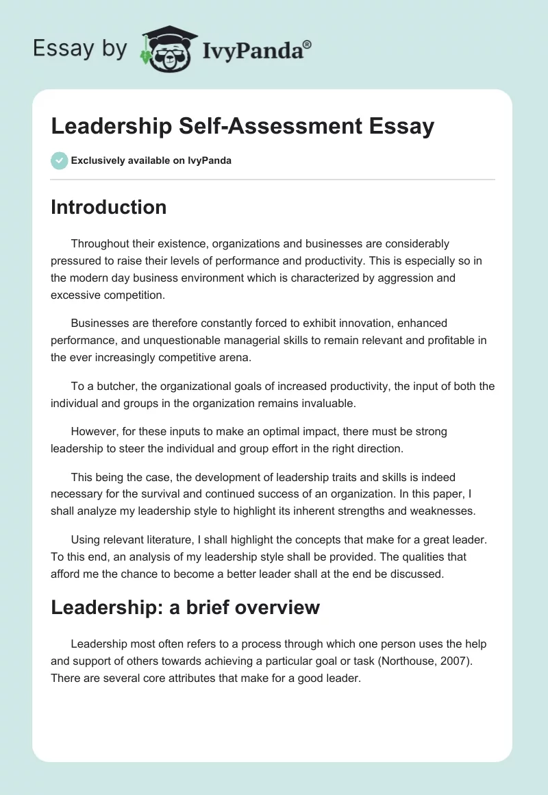 Leadership Self-Assessment Essay. Page 1